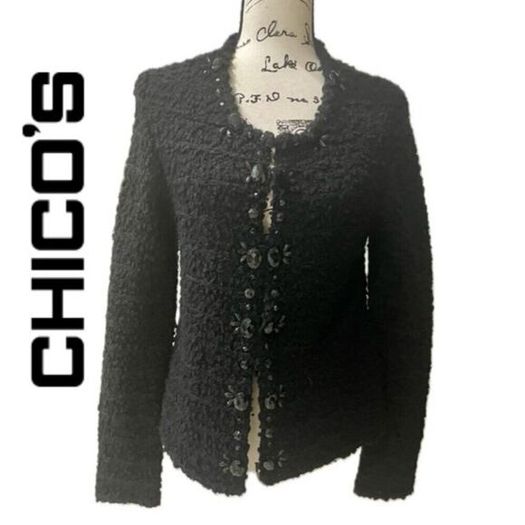 CHICOS TWEED SWEATER BLACK JEWELED Sz M FRINGED EMBELLISHMENT SOPHISTICATED - Picture 1 of 16